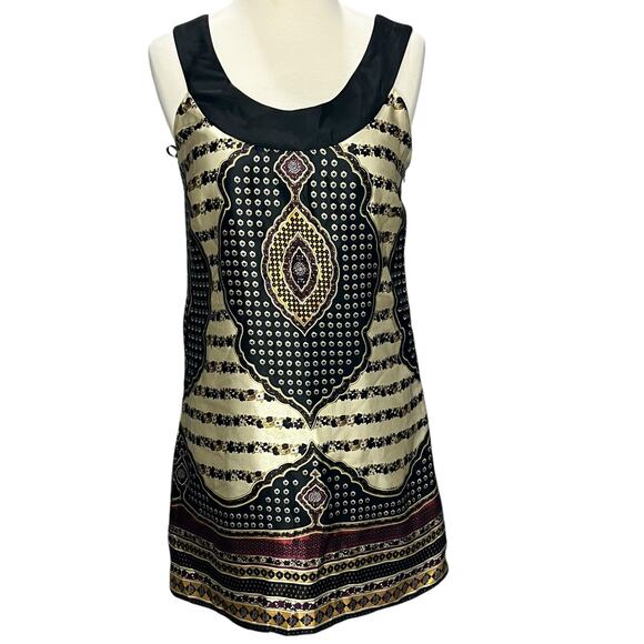 Anthro Nell Couture Y2K Dress 0 XS Black Cream Silk Dashiki Floral Boho Chic - Picture 1 of 12